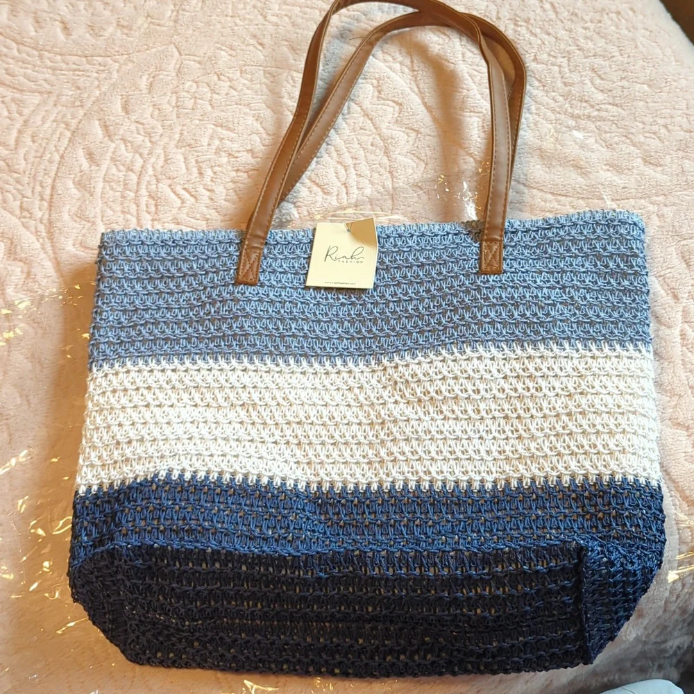 LAST ONE! Shades of Blue Rattan Crochet Shopper/Beach/Tote Bag - Picture 4 of 7